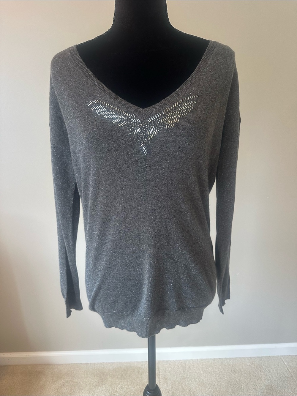 Un Deux Trois Charcoal Gray V-Neck Sweater with Rhinestone Wing Detail